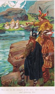 Videro ai margini del lago, tre fanciulle sedute e che filavano lino, illustrazione da 